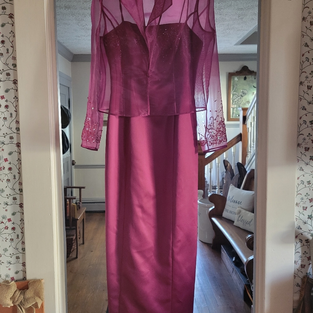 Alex Evenings wine colored evening dress with jacket.